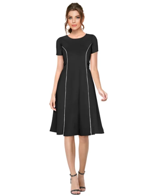 Generic Women's Knitting stretchable Solid Round Neck Cap Sleeve Dress (Black)