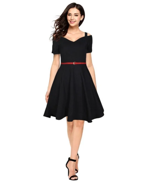 Generic Women's Polyester Solid V Neck Cap Sleeve Dress (Black)