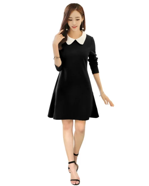 Generic Women's Polyester Solid Collar 3-4th Dress (Black)