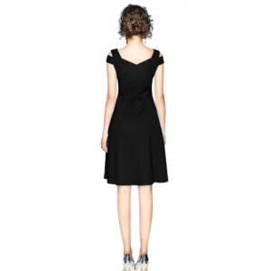 Generic Women's Polyester Solid V Neck Cap Sleeve off Shoulder Dress (Black)