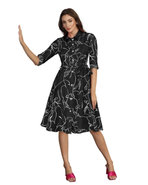 Generic Women's Ruby Cotton Printed Shirt Collar 3-4th Sleeve Dress (Black)