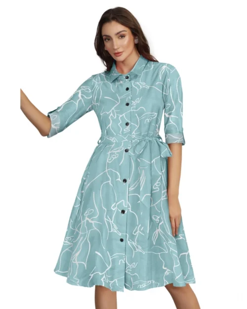 Generic Women's Ruby Cotton Printed Shirt Collar 3-4th Sleeve Dress (Pista)