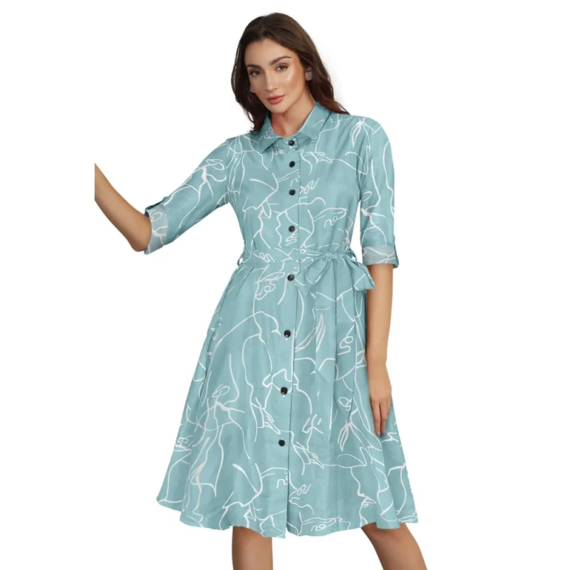 54165430541_64479932ee_o_d-1000x1000-1.webp Generic Women's Ruby Cotton Printed Shirt Collar 3-4th Sleeve Dress (Pista)