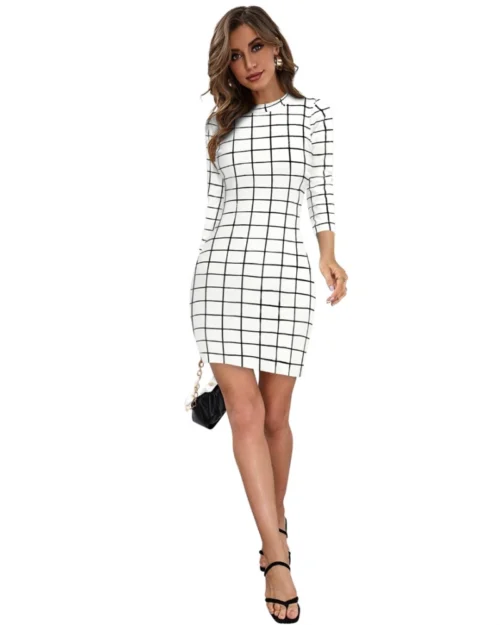 Generic Women's Polyester Solid High Neck Full Sleeve Dress (White)