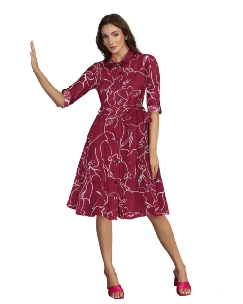 Generic Women's Ruby Cotton Printed Shirt Collar 3-4th Sleeve Dress (Maroon)