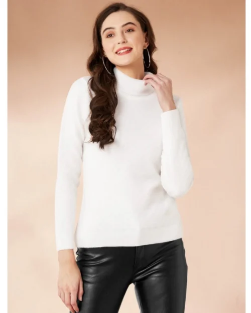 Generic Women's Polyester Solid High Neck Full Sleeve T-Shirt (White)