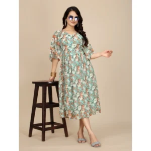 Generic Women's Georgette Printed Round Neck Short Sleeve Dress (Multicolor)