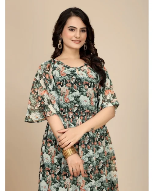 Generic Women's Georgette Printed Round Neck Short Sleeve Dress (Black)