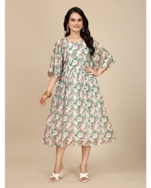 Generic Women's Georgette Printed Round Neck Short Sleeve Dress (Pink)