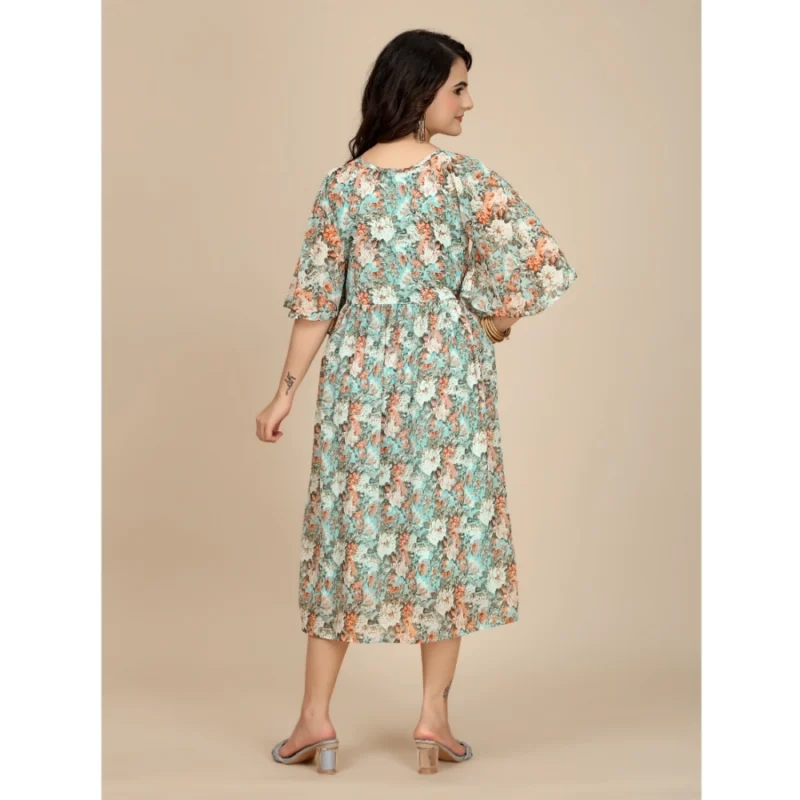 Generic Women's Georgette Printed Round Neck Short Sleeve Dress (Multicolor)
