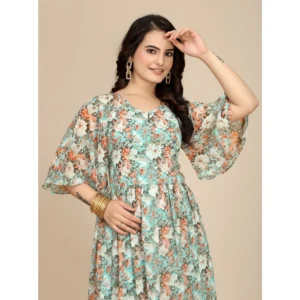 Generic Women's Georgette Printed Round Neck Short Sleeve Dress (Multicolor)