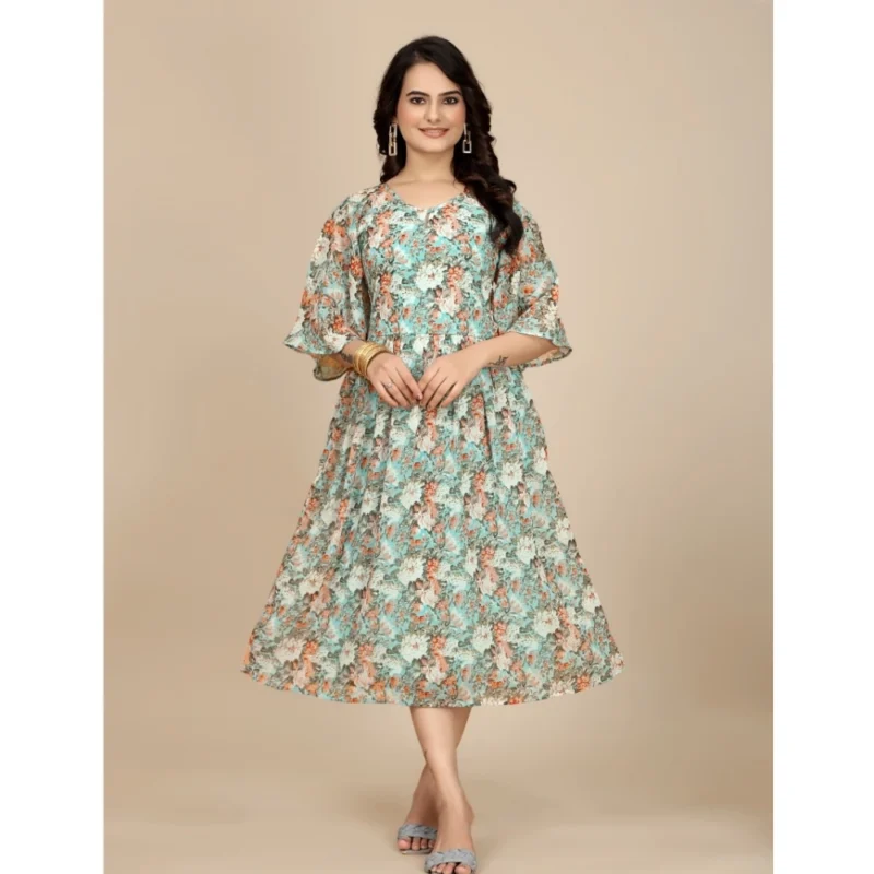 Generic Women's Georgette Printed Round Neck Short Sleeve Dress (Multicolor)