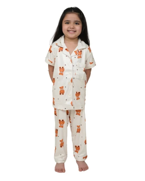 Generic Girl's Silk Bleand Printed Short Sleeve Night Suit Set (White)