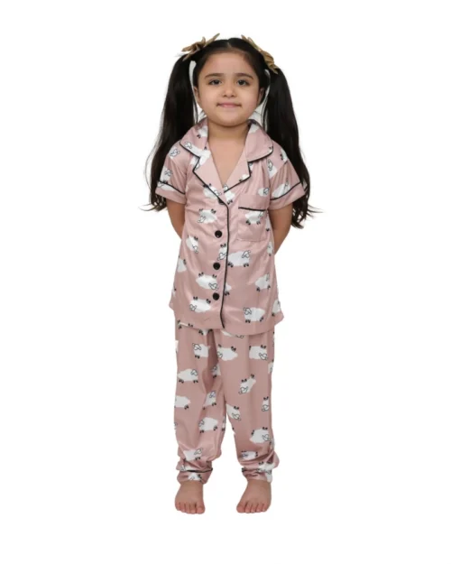 Generic Girl's Silk Bleand Printed Short Sleeve Night Suit Set (Brown)