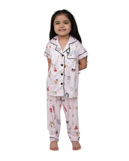 Generic Girl's Silk Bleand Printed Short Sleeve Night Suit Set (Creem)