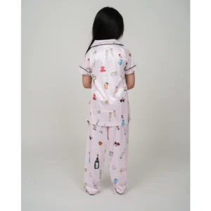Generic Girl's Silk Bleand Printed Short Sleeve Night Suit Set (Light Pink)