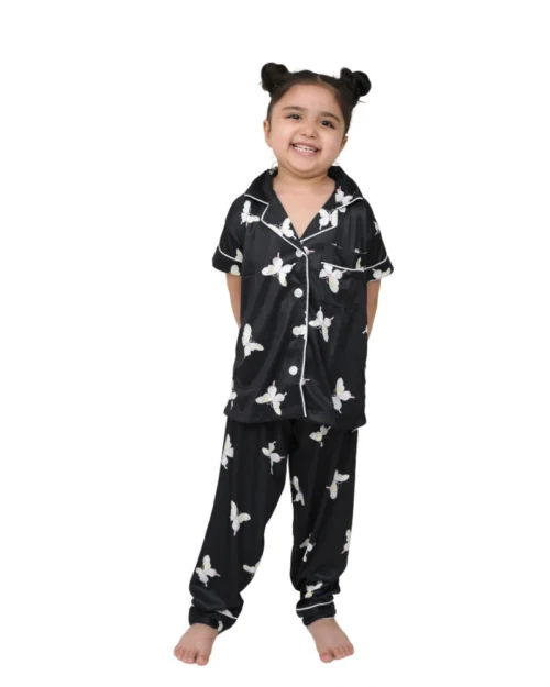 Generic Girl's Silk Bleand Printed Short Sleeve Night Suit Set (Black)