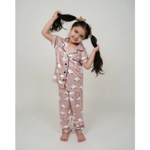 Generic Girl's Silk Bleand Printed Short Sleeve Night Suit Set (Brown)