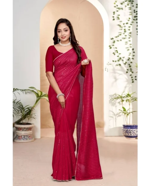 Generic Women's Vichitra Silk Striped Saree With Unstitched Blouse 5.5Mtr (Pink)