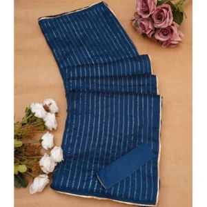 Generic Women's Vichitra Silk Striped Saree With Unstitched Blouse 5.5Mtr (Blue)