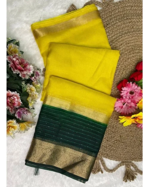 Generic Women's Khadi Cotton  Solid Saree With Unstitched Blouse 5.5Mtr (Yellow)