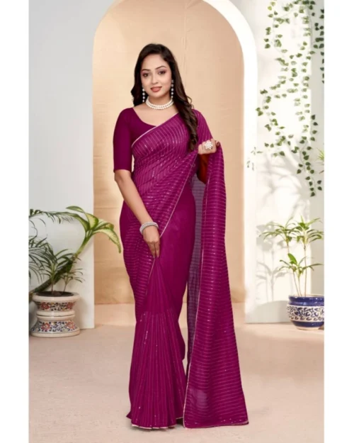 Generic Women's Vichitra Silk Striped Saree With Unstitched Blouse 5.5Mtr (Purple)