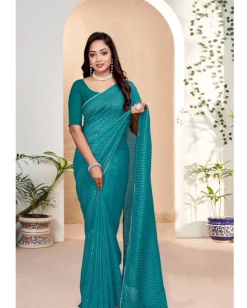 Generic Women's Vichitra Silk Striped Saree With Unstitched Blouse 5.5Mtr (Sky Blue)