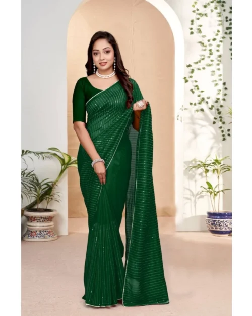 Generic Women's Vichitra Silk Striped Saree With Unstitched Blouse 5.5Mtr (Green)