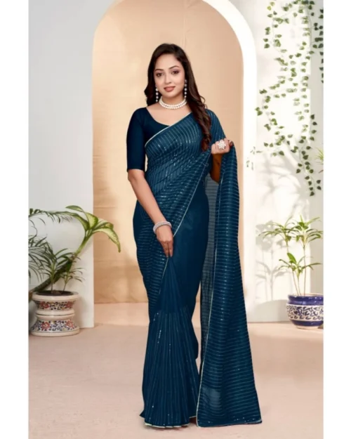 Generic Women's Vichitra Silk Striped Saree With Unstitched Blouse 5.5Mtr (Blue)