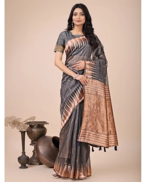 Generic Women's Linen Cotton Printed Saree With Unstitched Blouse 5.5Mtr (Grey)