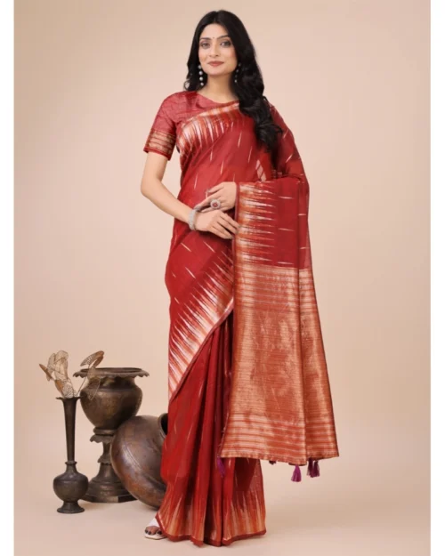 Generic Women's Linen Cotton Printed Saree With Unstitched Blouse 5.5Mtr (Red)