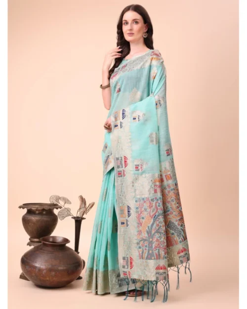 Generic Women's Linen Cotton Printed Saree With Unstitched Blouse 5.5Mtr (Sky Blue)