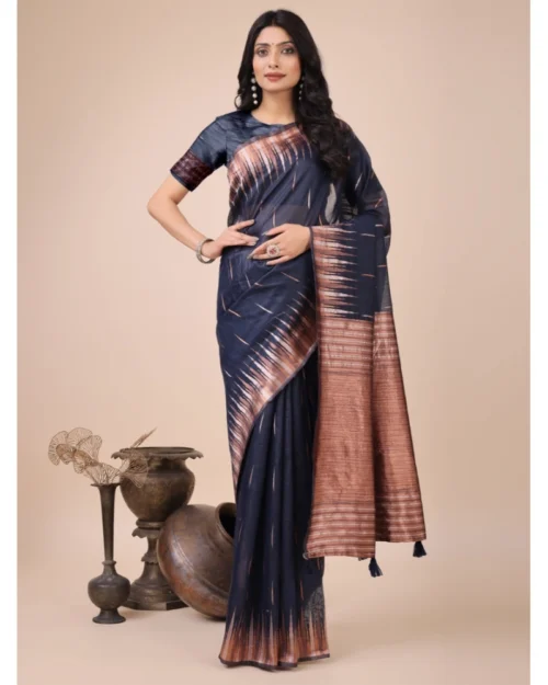 Generic Women's Linen Cotton Printed Saree With Unstitched Blouse 5.5Mtr (Navy Blue)