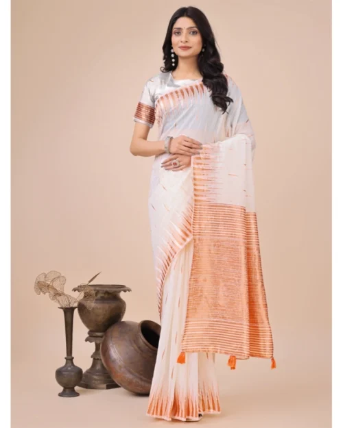 Generic Women's Linen Cotton Printed Saree With Unstitched Blouse 5.5Mtr (White)