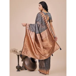 Generic Women's Linen Cotton Printed Saree With Unstitched Blouse 5.5Mtr (Grey)