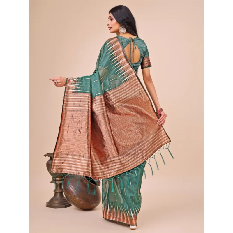Generic Women's Linen Cotton Printed Saree With Unstitched Blouse 5.5Mtr (Green)