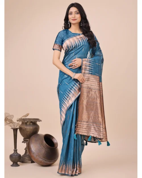 Generic Women's Linen Cotton Printed Saree With Unstitched Blouse 5.5Mtr (Blue)