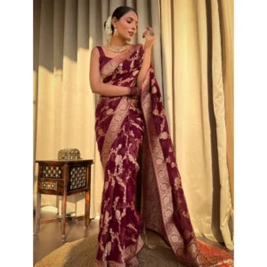 Generic Women's Silk Printed Saree With Unstitched Blouse 5.5Mtr (Maroon)