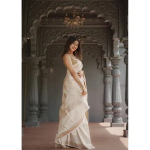 Generic Women's Cotton  Printed Saree With Unstitched Blouse 5.5Mtr (Cream)