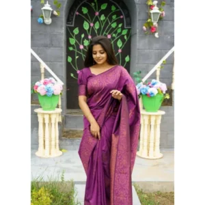 Generic Women's Silk Printed Saree With Unstitched Blouse 5.5Mtr (Purple)