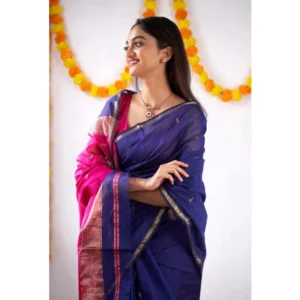 Generic Women's Cotton  Printed Saree With Unstitched Blouse 5.5Mtr (Blue)