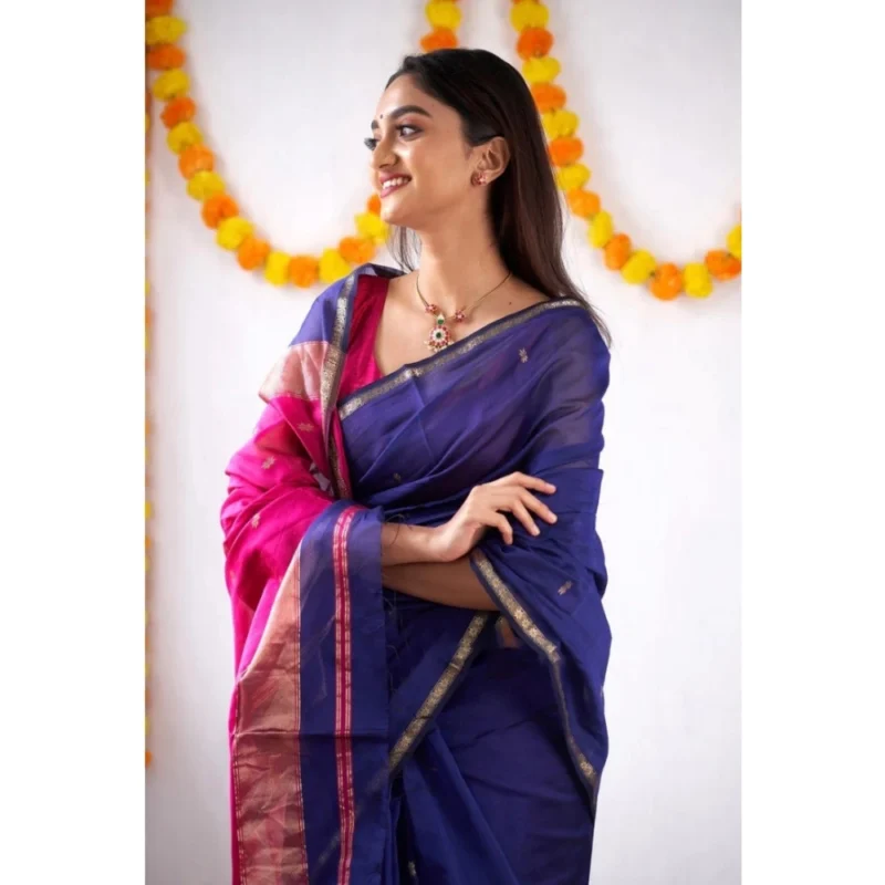 Generic Women's Cotton  Printed Saree With Unstitched Blouse 5.5Mtr (Blue)