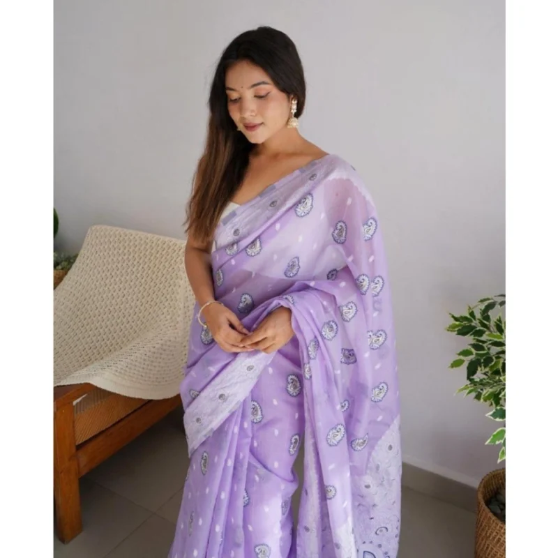Generic Women's Cotton  Printed Saree With Unstitched Blouse 5.5Mtr (Lavender)