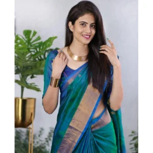 Generic Women's Silk Printed Saree With Unstitched Blouse 5.5Mtr (Blue)