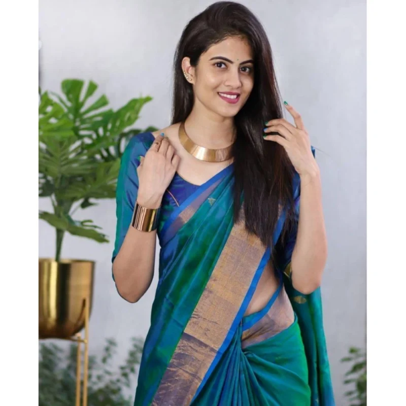 Generic Women's Silk Printed Saree With Unstitched Blouse 5.5Mtr (Blue)