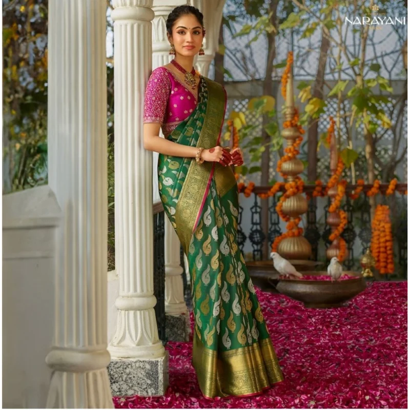 Generic Women's Silk Printed Saree With Unstitched Blouse 5.5Mtr (Green)