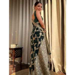 Generic Women's Silk Printed Saree With Unstitched Blouse 5.5Mtr (Dark Green)