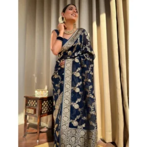 Generic Women's Silk Printed Saree With Unstitched Blouse 5.5Mtr (Dark Blue)