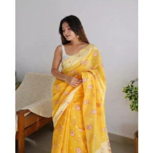 Generic Women's Cotton  Printed Saree With Unstitched Blouse 5.5Mtr (Yellow)