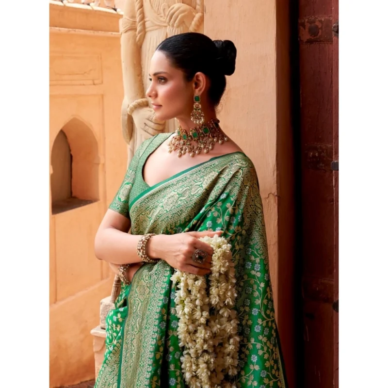 Generic Women's Silk Printed Saree With Unstitched Blouse 5.5Mtr (Green)